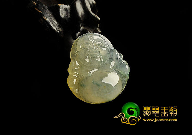 冰种黄翡飘花缅甸翡翠A货镶金扣玉佛挂件（真钻）