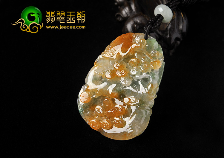 （超值推荐）冰种红黄翡飘花缅甸翡翠A货松鹤延年挂件