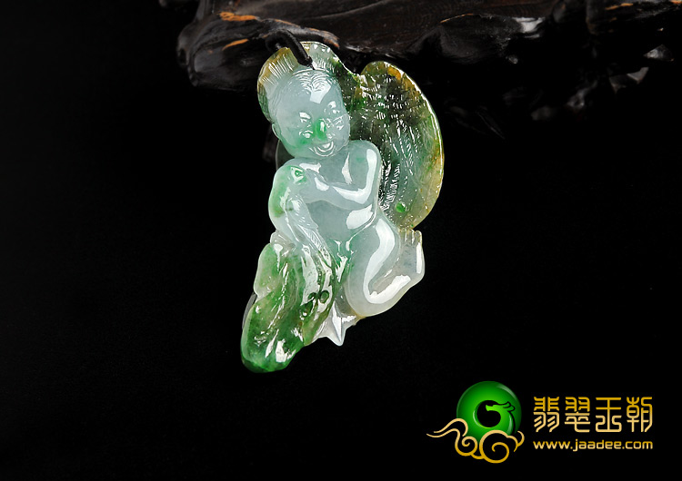 糯冰种黄加绿缅甸翡翠A货小天使挂件