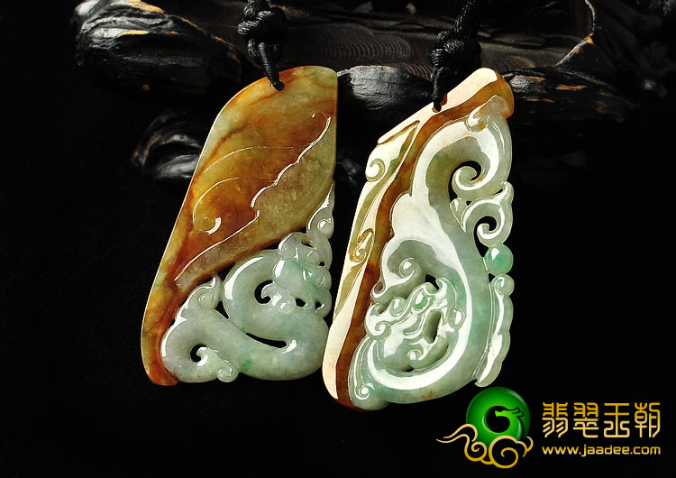 feicui糯冰种黄翡飘翠缅甸翡翠A货仿古龙凤佩挂件（一对）
