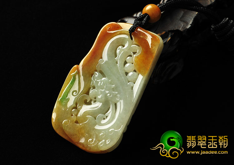 糯冰种黄翡略飘花缅甸翡翠A货龙凤呈祥挂件