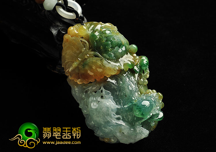冰种三彩缅甸翡翠A货猫蝶富贵手玩件