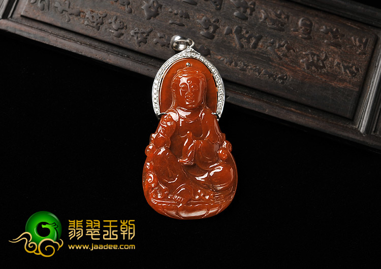 冰种红翡缅甸翡翠A货镶白金观音挂件（真钻）