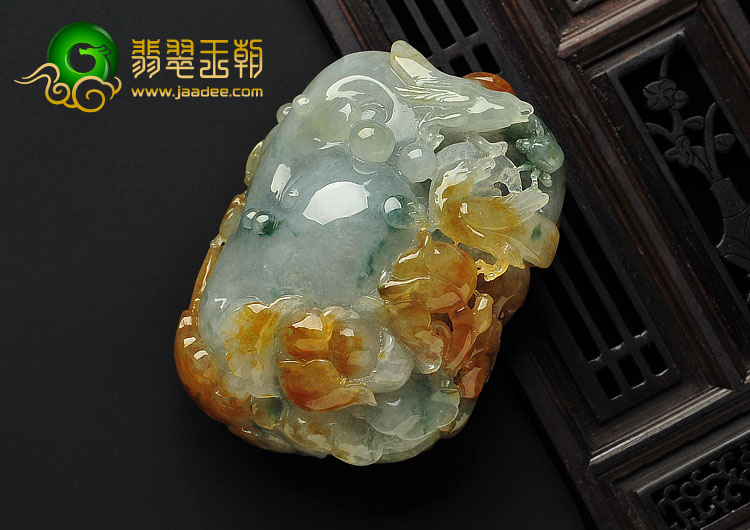 冰种黄翡飘花缅甸翡翠A货鸟语花香手玩件