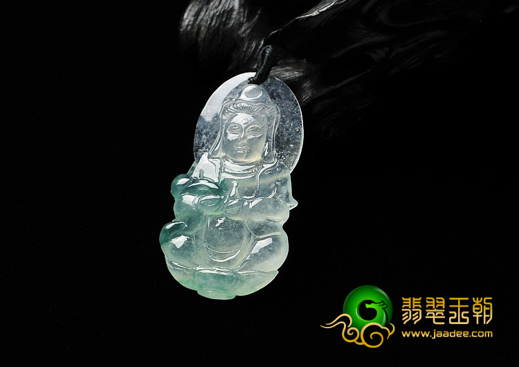 冰玻种飘花缅甸翡翠A货观音挂件