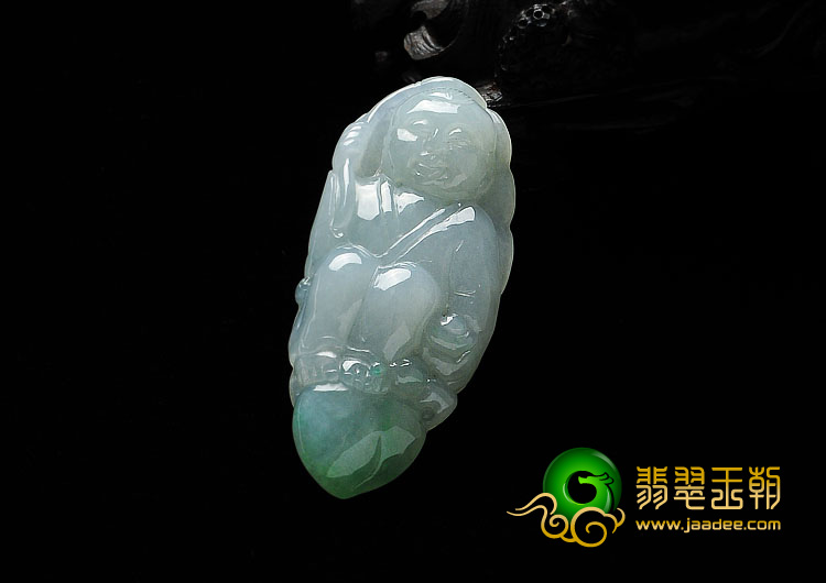 糯冰种翠色缅甸翡翠A货童子献寿挂件