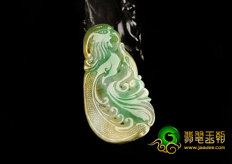 糯冰种黄加绿缅甸翡翠A货仿古凤凰挂件