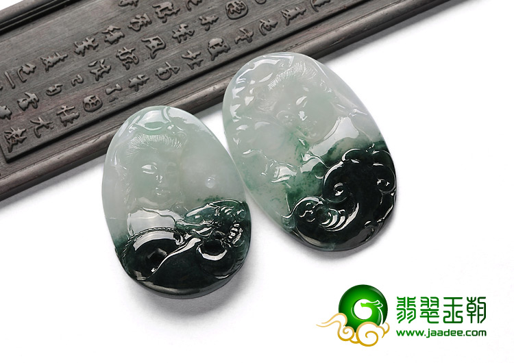 冰种油青缅甸翡翠A货观音头挂件（一对）
