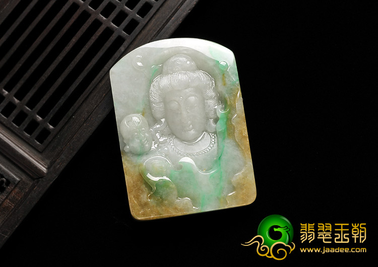 糯冰种黄加绿缅甸翡翠A货送子观音挂件