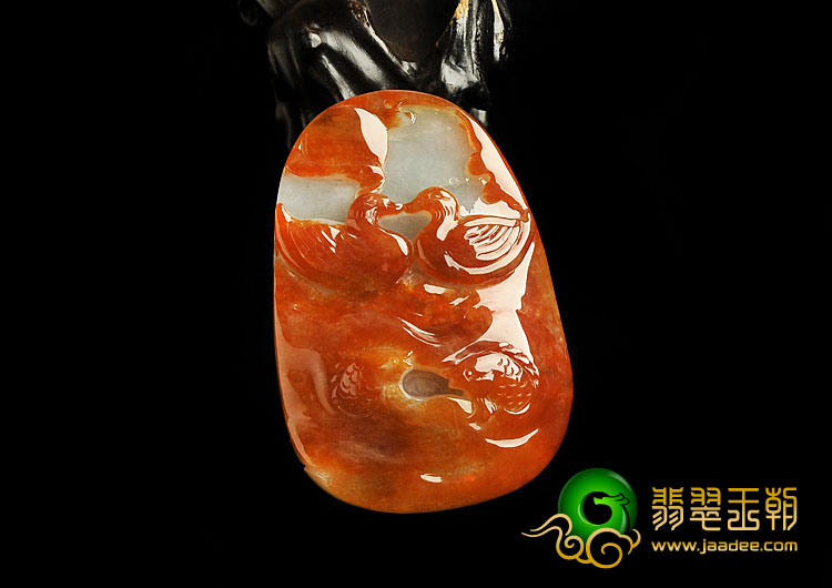 糯冰种红翡缅甸翡翠A货鸳鸯戏水挂件
