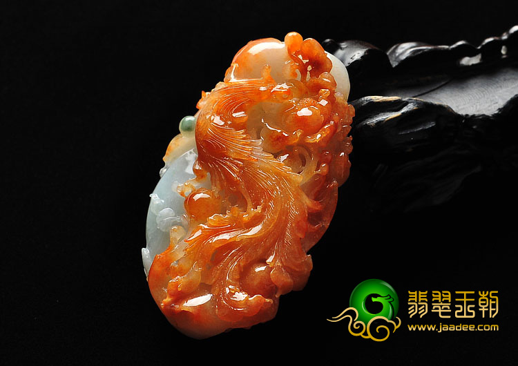 糯冰种红翡缅甸翡翠A货丹凤朝阳手玩件/挂件