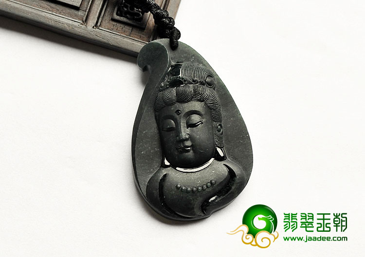 冰种墨翠缅甸翡翠A货观音头挂件