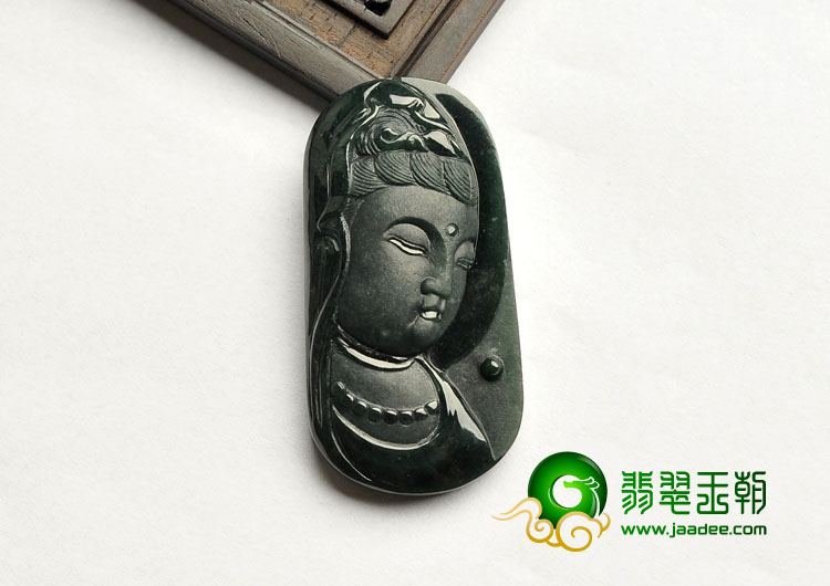 冰种墨翠缅甸翡翠A货观音头挂件