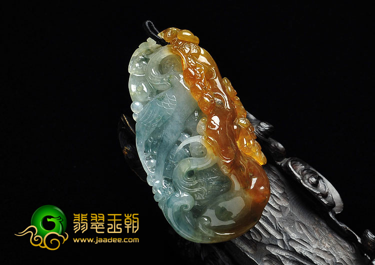 冰种黄翡飘花缅甸翡翠A货松鹤延年挂件