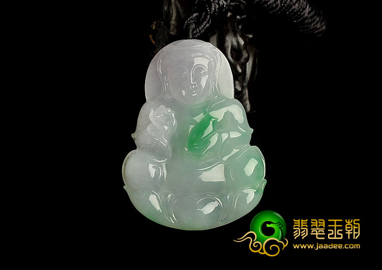 糯冰种淡春带彩缅甸翡翠A货观音挂件