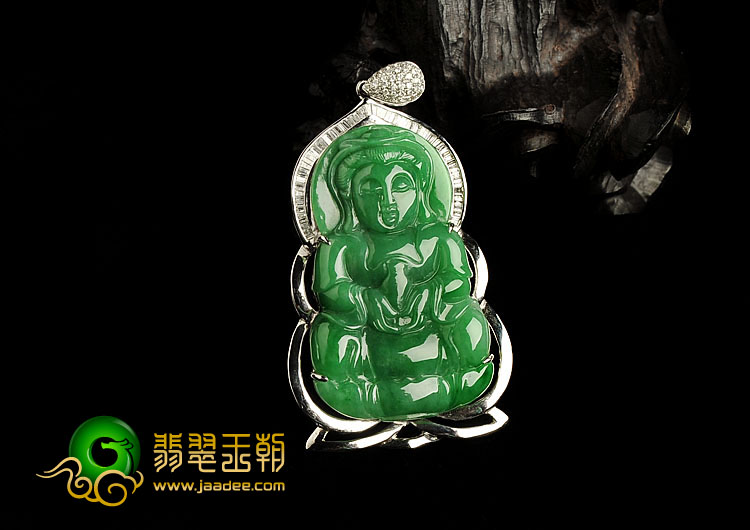 冰种正阳绿满绿缅甸翡翠A货镶白金观音胸坠（真钻）