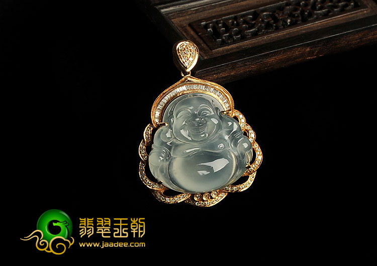 冰玻种晴水缅甸翡翠A货镶玫瑰金玉佛胸坠（真钻）