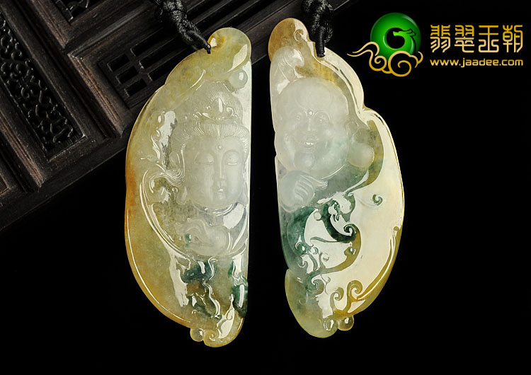 冰种黄翡飘花缅甸翡翠A货观音玉佛挂件（一对）