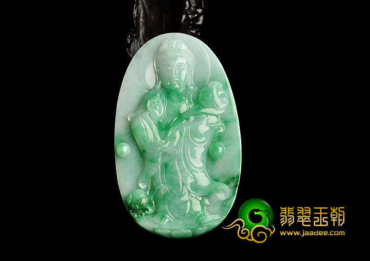 糯冰种翠色缅甸翡翠A货站观音挂件
