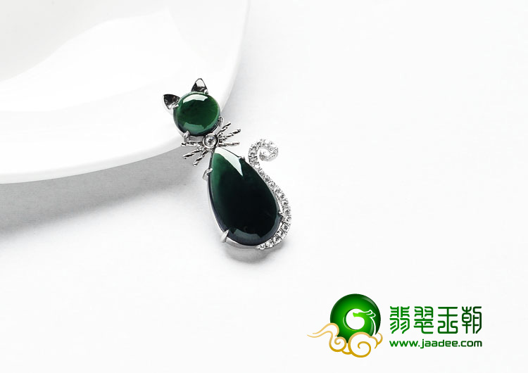 冰种墨翠缅甸翡翠A货镶银小猫胸坠（水钻）