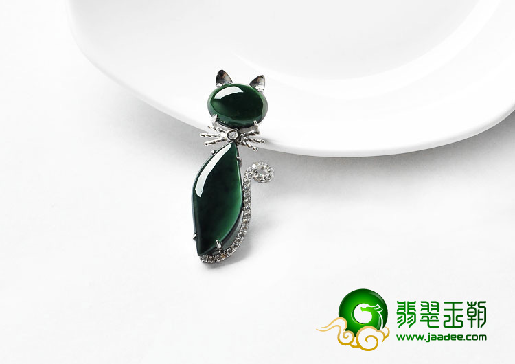 冰种墨翠缅甸翡翠A货镶银小猫胸坠（水钻）