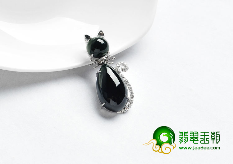 冰种墨翠缅甸翡翠A货镶银小猫胸坠（水钻）