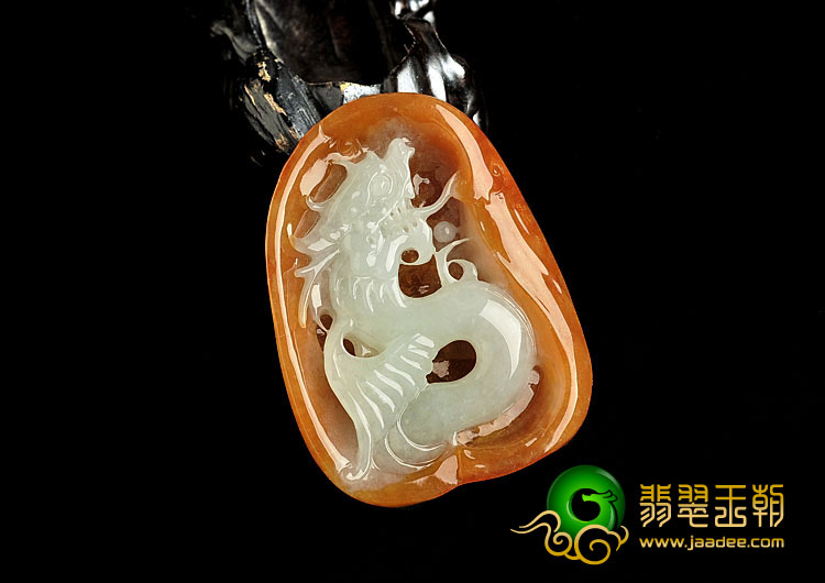 糯冰种红黄翡缅甸翡翠A货龙牌挂件