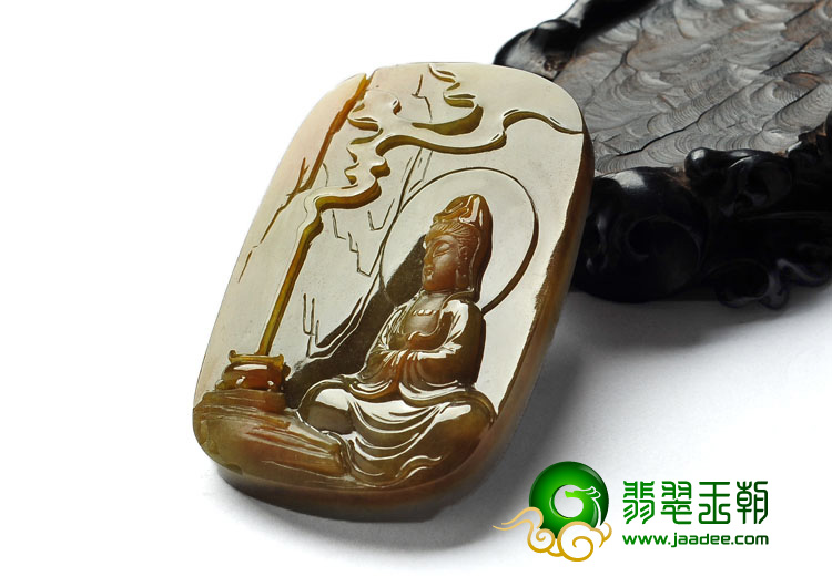糯冰种褐黄翡缅甸翡翠A货坐观音挂件
