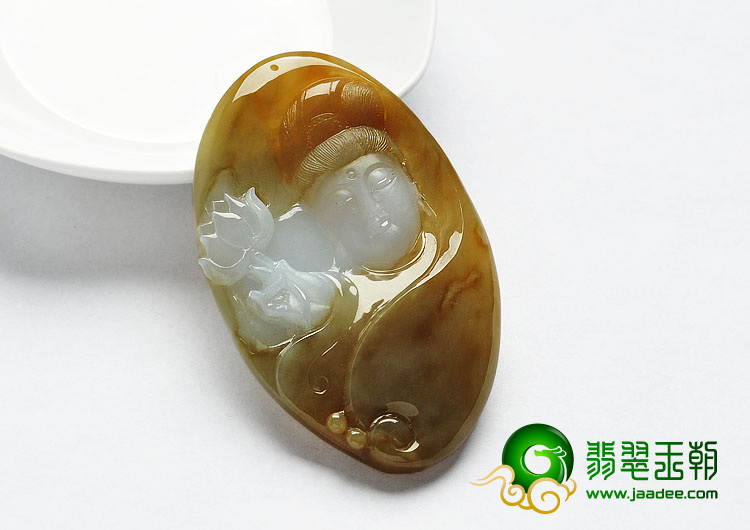 糯冰种褐黄翡缅甸翡翠A货观音头挂件