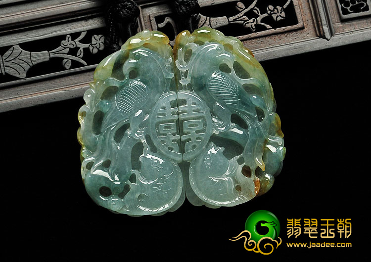 糯冰种飘花黄翡缅甸翡翠A货双喜牌挂件（一对）