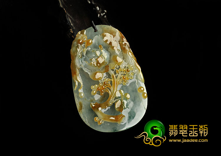 冰种黄翡飘花缅甸翡翠A货富贵花开挂件