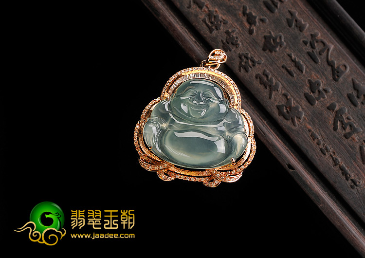 冰玻种晴水缅甸翡翠A货镶玫瑰金玉佛胸坠（真钻）