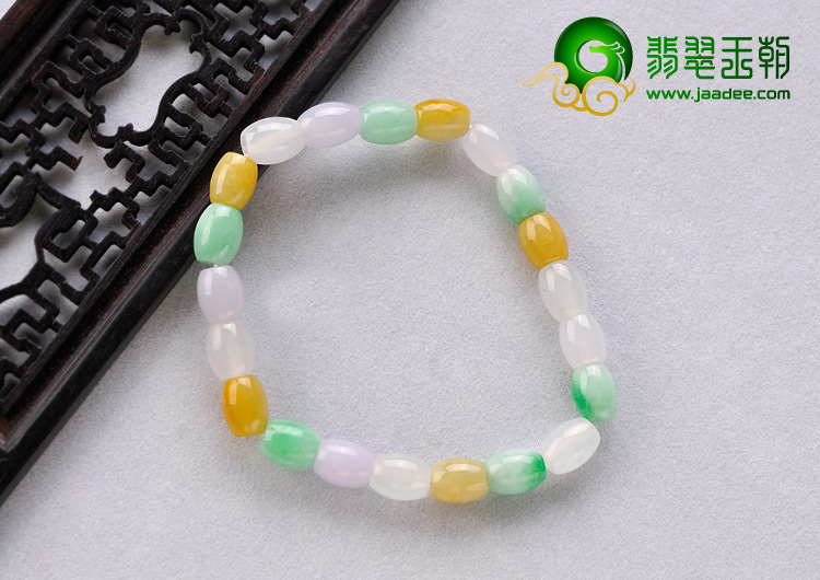 糯冰种三彩缅甸翡翠A货米粒手链