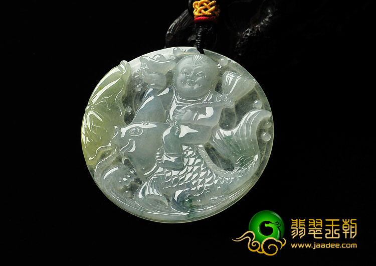冰种黄翡略飘花缅甸翡翠A货童子如意挂件