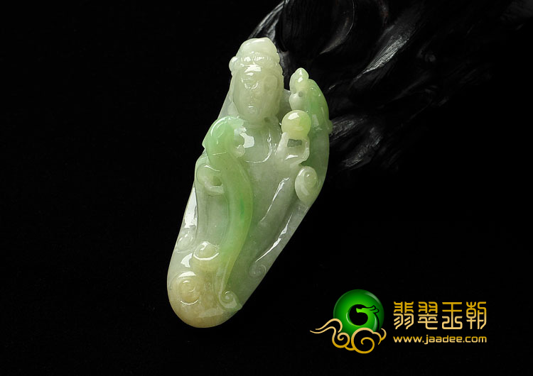 糯冰种黄加绿缅甸翡翠A货观音挂件
