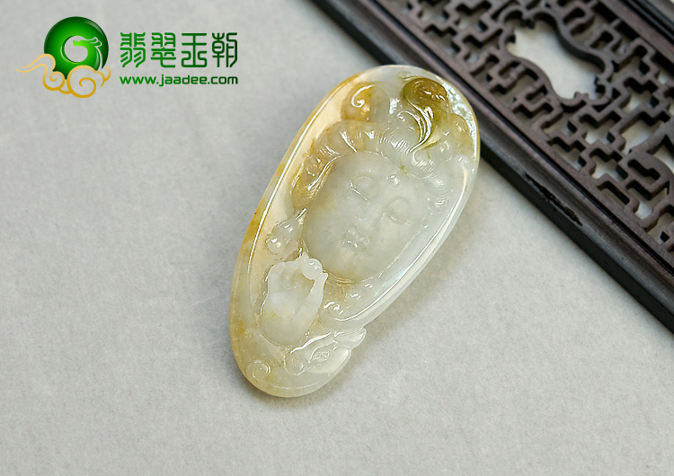 糯冰种褐黄翡缅甸翡翠A货观音头挂件