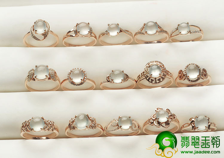 冰玻种缅甸翡翠A货银镀金戒指（水钻）（单价）