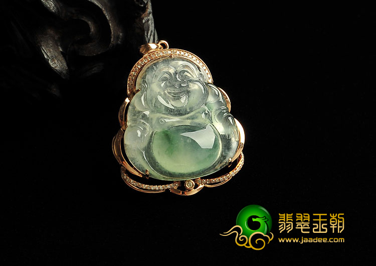 冰种飘花缅甸翡翠A货镶真金玉佛胸坠（真钻）