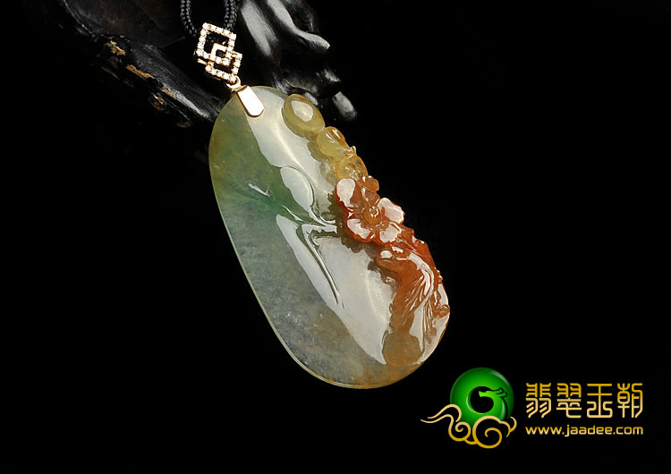冰种黄加绿缅甸翡翠A货鸟语花香挂件