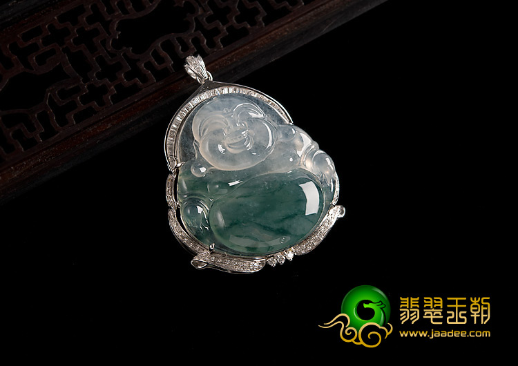 冰种飘花缅甸翡翠A货镶白金玉佛胸坠（真钻）