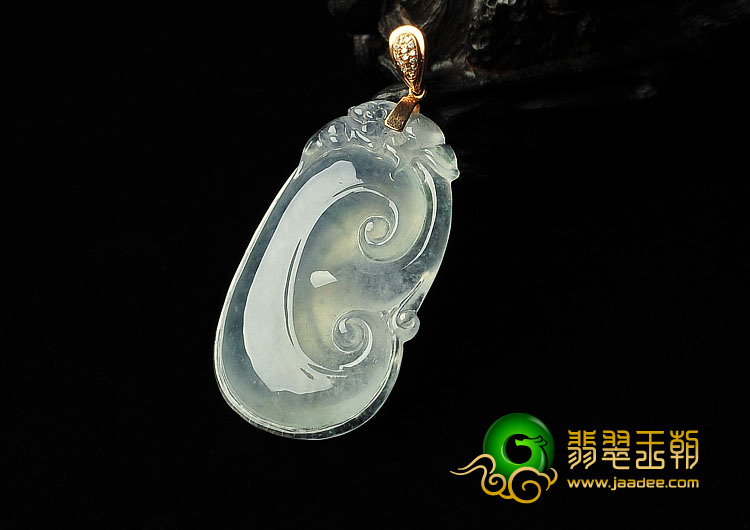 冰种飘花缅甸翡翠A货镶玫瑰金扣如意寿挂件
