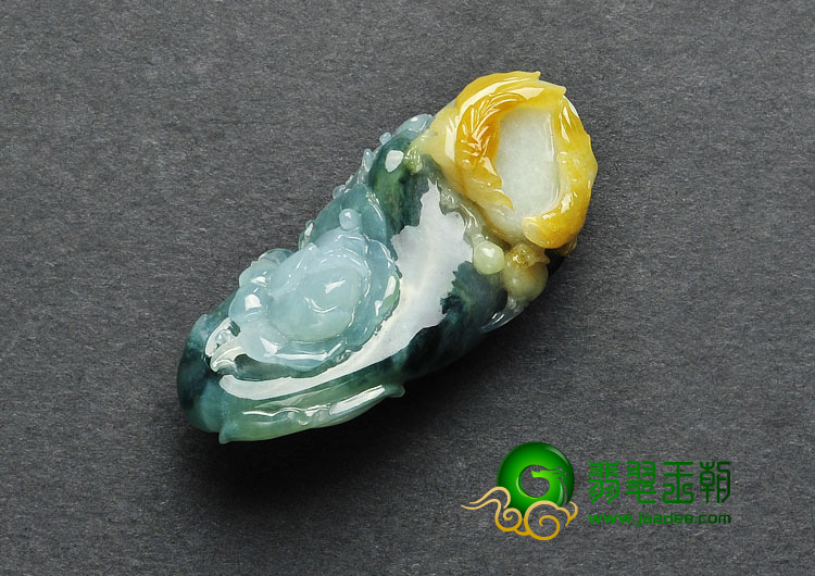 糯冰种蓝水带黄翡缅甸翡翠A货富贵花开挂件