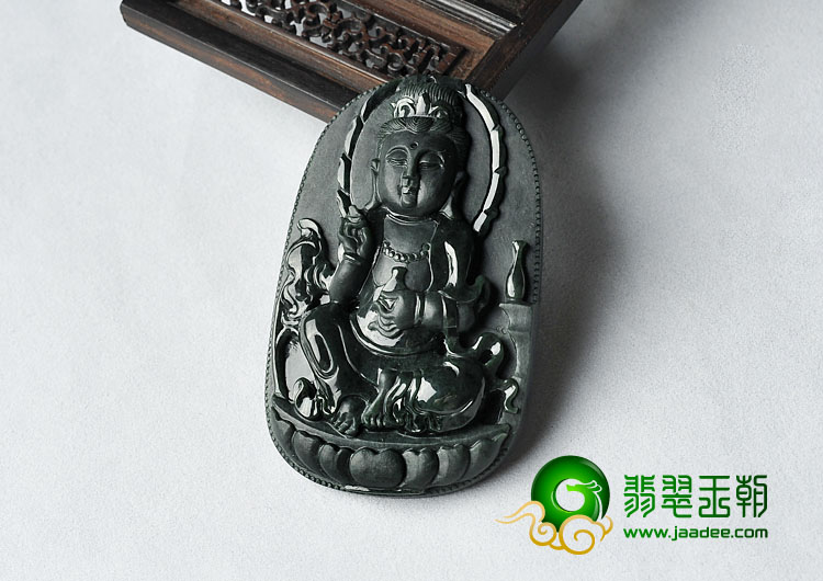 糯冰种墨翠缅甸翡翠A货观音挂件