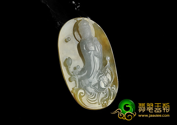 冰种黄翡缅甸翡翠A货莲花观音挂件