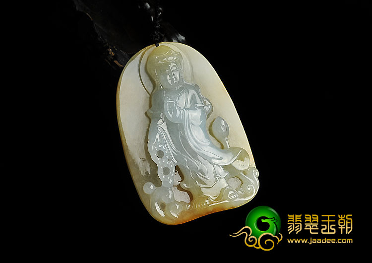 糯冰种黄翡缅甸翡翠A货莲花观音挂件