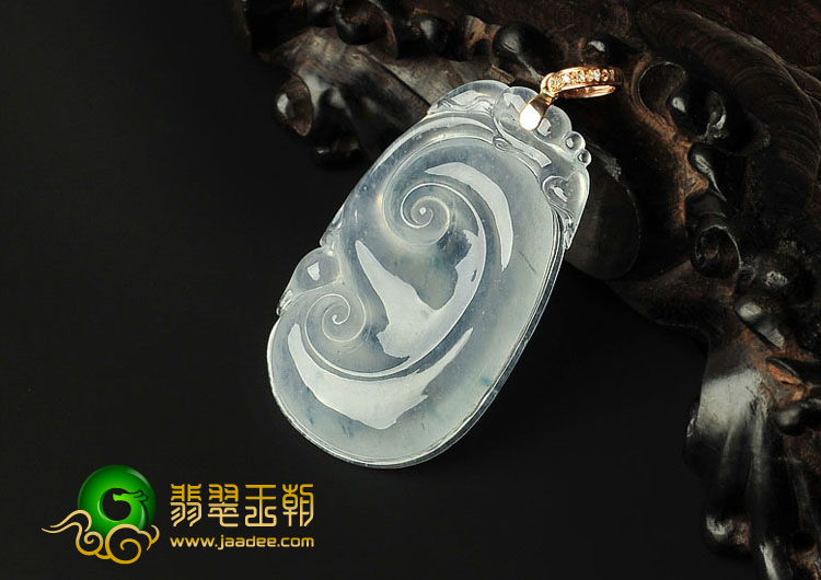 冰玻种略飘花缅甸翡翠A货镶玫瑰金扣如意寿挂件（真钻）