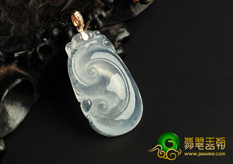 冰玻种略飘花缅甸翡翠A货镶玫瑰金扣如意寿挂件（真钻）