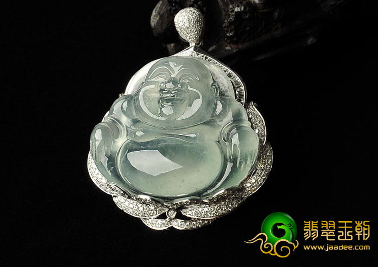 冰玻种晴水缅甸翡翠A货镶白金玉佛胸坠（真钻）