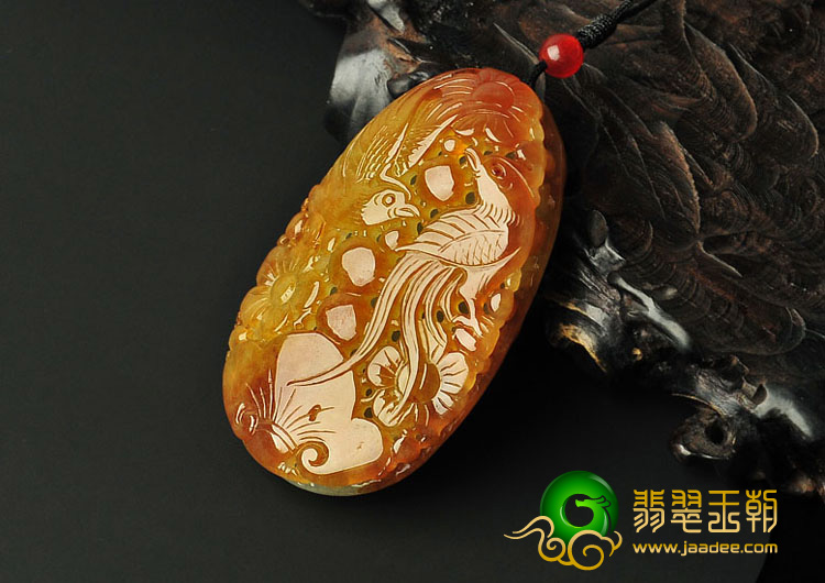 糯冰种黄翡缅甸翡翠A货凤戏牡丹挂件