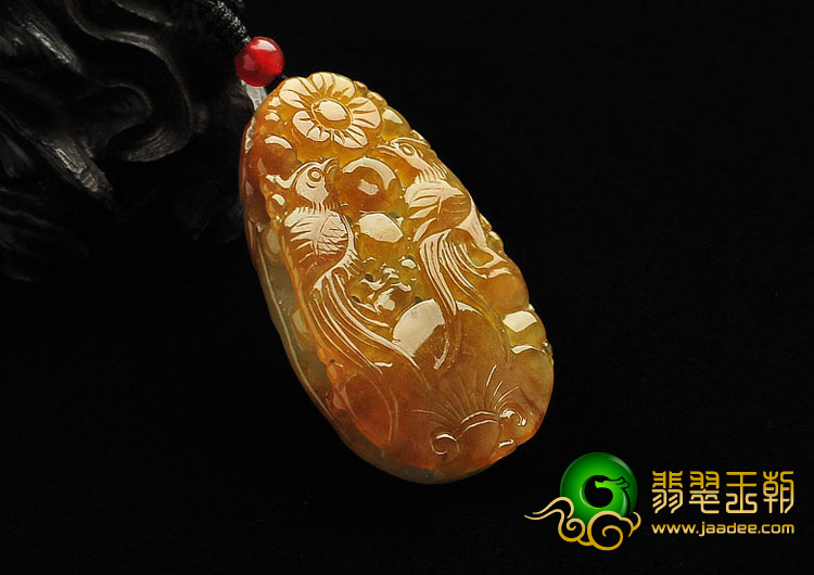 糯冰种黄翡缅甸翡翠A货凤戏牡丹挂件